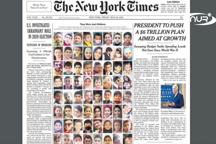 Погибшие дети Палестины и Израиля на первой полосе New York Times